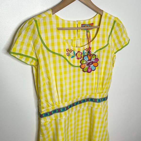 Rosalita McGee Womens Dress L Yellow Gingham Floral Embroidered Cotton Colorful - Picture 3 of 12